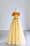 Yellow Tulle Applique Long Prom Dress, Off the Shoulder Sleeveless Backless Long Formal Evening Dress HZ0527