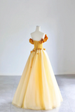 Yellow Tulle Applique Long Prom Dress, Off the Shoulder Sleeveless Backless Long Formal Evening Dress HZ0527