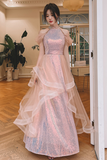 Lovely A Line Sequins and Tulle Pink Long Evening Dress, Pink Tulle Prom Dress HZ0527