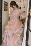 Lovely A Line Sequins and Tulle Pink Long Evening Dress, Pink Tulle Prom Dress HZ0527