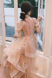 Lovely A Line Sequins and Tulle Pink Long Evening Dress, Pink Tulle Prom Dress HZ0527