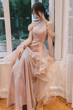 Lovely A Line Sequins and Tulle Pink Long Evening Dress, Pink Tulle Prom Dress HZ0527