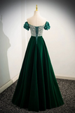 A Line Velvet Sequin Beads Green Long Prom Dress, Green Velvet Long Formal Dress HZ0527