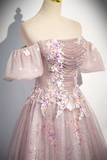 Pink Tulle Lace Long Prom Dress with Beaded, A Line Off the Shoulder Evening Party Dress HZ0527
