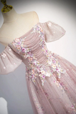 Pink Tulle Lace Long Prom Dress with Beaded, A Line Off the Shoulder Evening Party Dress HZ0527