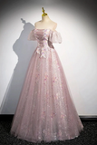 Pink Tulle Lace Long Prom Dress with Beaded, A Line Off the Shoulder Evening Party Dress HZ0527