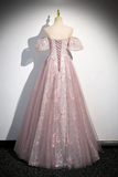 Pink Tulle Lace Long Prom Dress with Beaded, A Line Off the Shoulder Evening Party Dress HZ0527
