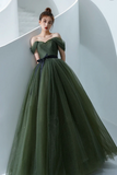 A Line Off Shoulder Tulle Green Long Prom Dress, Green Long Formal Dress HZ0527