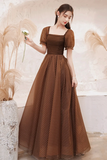 Charming Brown Tulle Floor Length Prom Dress, A Line Short Sleeve Evening Party Dress HZ0527