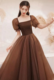 Charming Brown Tulle Floor Length Prom Dress, A Line Short Sleeve Evening Party Dress HZ0527