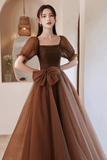 Charming Brown Tulle Floor Length Prom Dress, A Line Short Sleeve Evening Party Dress HZ0527