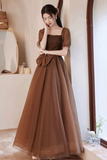 Charming Brown Tulle Floor Length Prom Dress, A Line Short Sleeve Evening Party Dress HZ0527