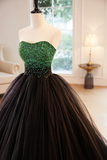 Black Strapless Tulle Long Prom Dress with Green Beaded, A Line Formal Dress HZ0527