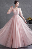 Pink Tulle V Neck Long Prom Dress, A Line 1/2 Sleeves Evening Dress HZ0527