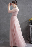 Pink Tulle V Neck Long Prom Dress, A Line 1/2 Sleeves Evening Dress HZ0527
