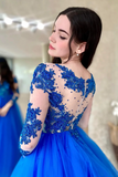 Blue Lace Long Sleeve Evening Dress, A Line Scoop Neckline Evening Dress HZ0527