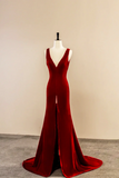 Burgundy V Neck Velvet Long Prom Dress, Simple Mermaid Backless Evening Dress HZ0527