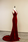 Burgundy V Neck Velvet Long Prom Dress, Simple Mermaid Backless Evening Dress HZ0527