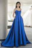 A Line Sweetheart Neck Satin Blue Long Prom Dress, Blue Long Formal Dress HZ0527