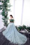 Blue Spaghetti Strap Tulle Long Prom Dress, A Line Blue Evening Dress HZ0527