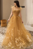 Yellow Tulle Lace Long Prom Dresses, A Line Evening Gowns HZ0527