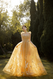 Yellow Tulle Lace Long Prom Dresses, A Line Evening Gowns HZ0527