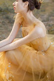 Yellow Tulle Lace Long Prom Dresses, A Line Evening Gowns HZ0527