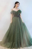 Green Tulle Long Prom Dresses, A Line Off the Shoulder Evening Dresses HZ0527