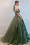 Green Tulle Long Prom Dresses, A Line Off the Shoulder Evening Dresses HZ0527