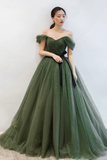 Green Tulle Long Prom Dresses, A Line Off the Shoulder Evening Dresses HZ0527