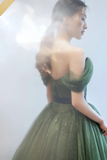 Green Tulle Long Prom Dresses, A Line Off the Shoulder Evening Dresses HZ0527