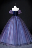 Lovely Velvet Tulle Long Prom Dress, Purple Off the Shoulder Evening Party Gown HZ0527