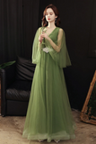 A Line V Neck Tulle Green Long Prom Dress, Green Formal Dress HZ0527