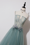 Green Lovely Tulle Straps Long A Line Prom Dresses, Green Evening Dresses HZ0527