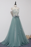 Green Lovely Tulle Straps Long A Line Prom Dresses, Green Evening Dresses HZ0527