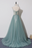 Green Lovely Tulle Straps Long A Line Prom Dresses, Green Evening Dresses HZ0527