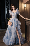 Pretty Light Blue Floral Short Sleeves Long Prom Dress, Light Blue Evening Dress HZ0527