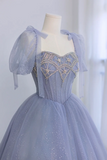 Blue Tulle Beaded Floor Length Prom Dress, A Line Short Sleeve Evening Party Dress HZ0527