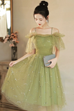 Green Spaghetti Strap Tulle Short Prom Dress, Charming Knee Length A Line Party Dress HZ0527