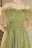 Green Spaghetti Strap Tulle Short Prom Dress, Charming Knee Length A Line Party Dress HZ0527