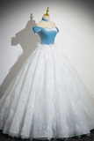 A Line Tulle Lace White Blue Long Prom Dress, White Blue Long Evening Dress HZ0527