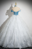 A Line Tulle Lace White Blue Long Prom Dress, White Blue Long Evening Dress HZ0527