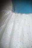 A Line Tulle Lace White Blue Long Prom Dress, White Blue Long Evening Dress HZ0527
