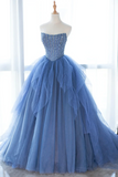 Blue Strapless Tulle Sequins Long Prom Dress, Beautiful A Line Formal Party Dress HZ0527