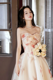 A line Sweetheart Neck Champagne Long Prom Dress, Champagne Long Formal Dress HZ0527