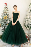 Lovely Strapless Tulle Tea Length Party Dress, Green A Line Formal Evening Dress HZ0527