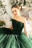 Lovely Strapless Tulle Tea Length Party Dress, Green A Line Formal Evening Dress HZ0527