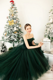Lovely Strapless Tulle Tea Length Party Dress, Green A Line Formal Evening Dress HZ0527