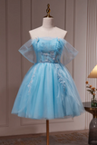 Lovely Light Blue Tulle Short Beaded Formal Dress, Blue Homecoming Dress HZ0527