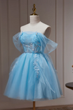 Lovely Light Blue Tulle Short Beaded Formal Dress, Blue Homecoming Dress HZ0527